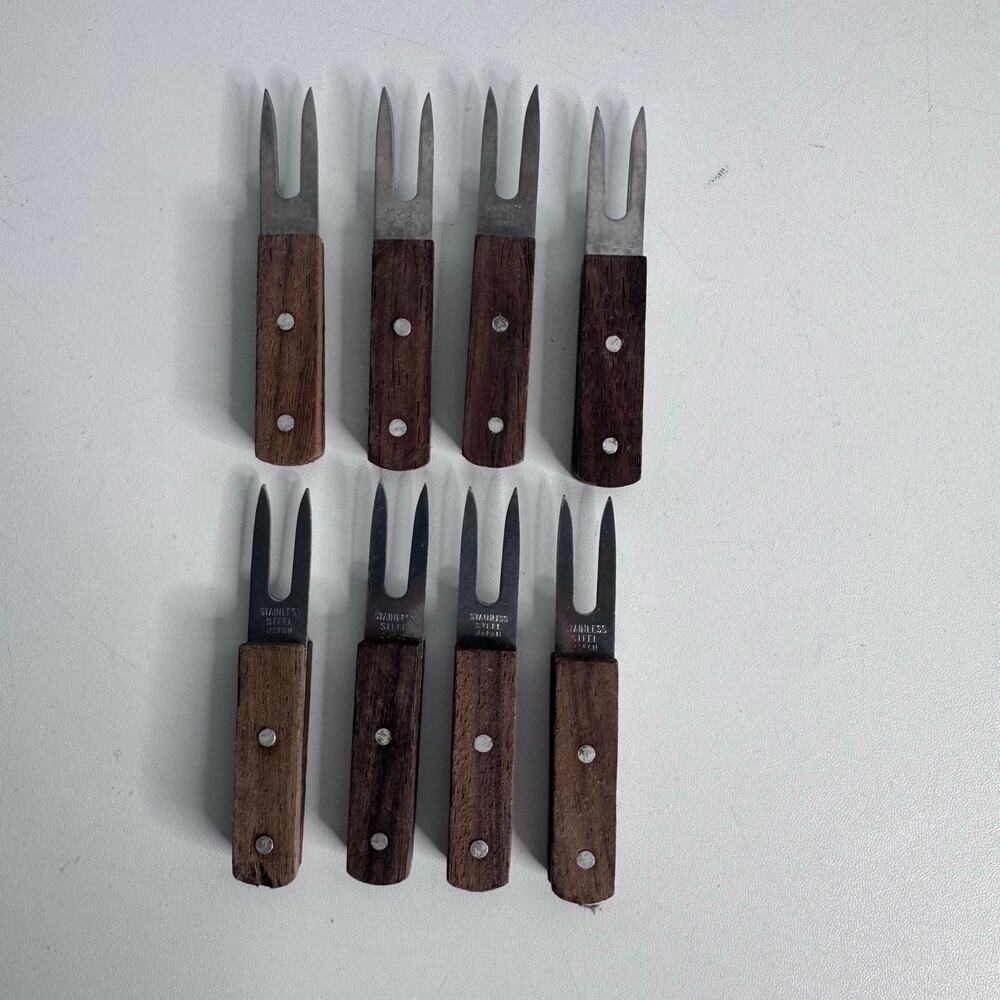Vintage MCM Wood Handle Corn Cob Holders Forks Stainless Steel Japan Set 8